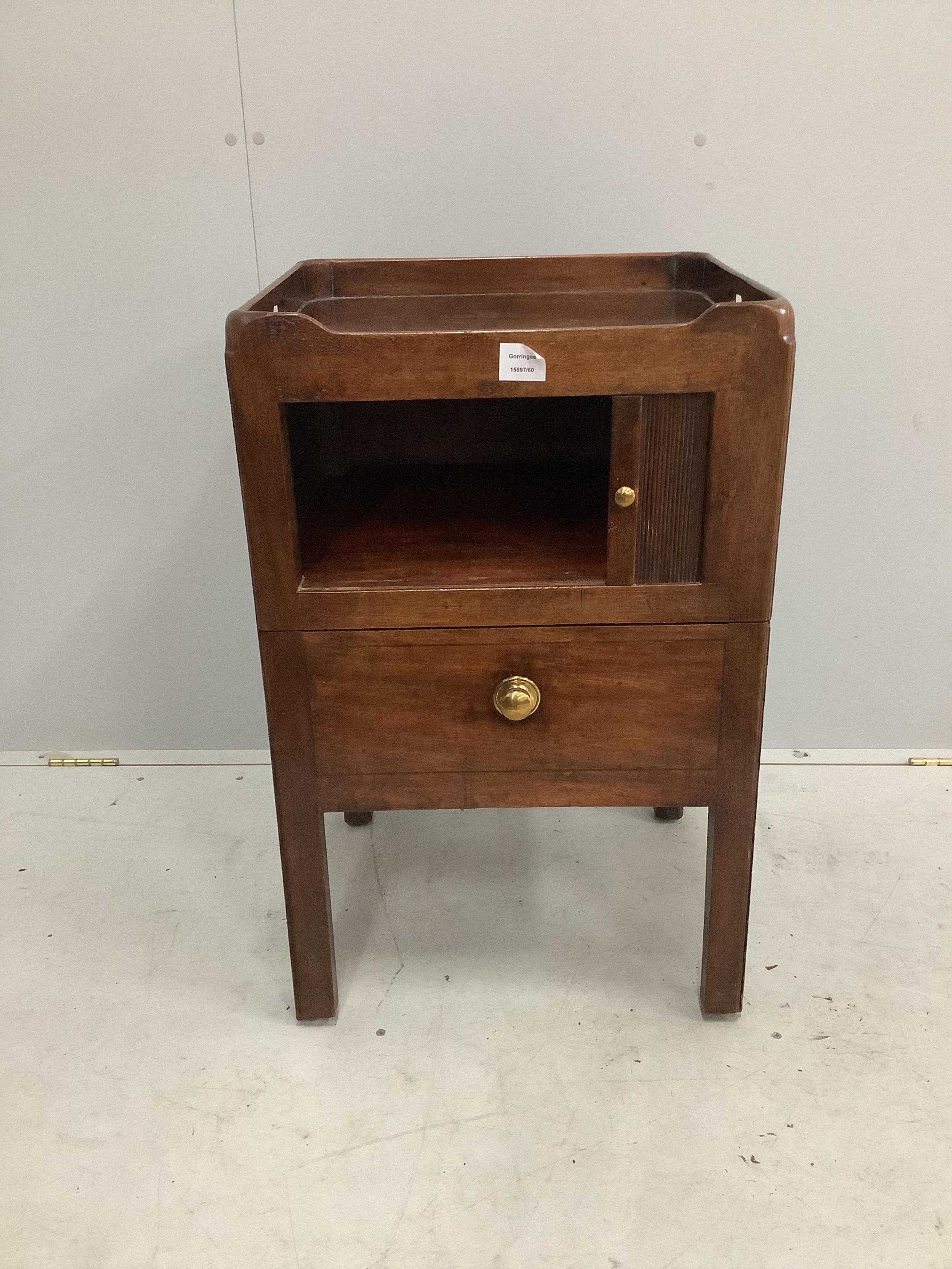 A George III mahogany tray top tambour bedside cabinet, width 49cm, depth 44cm, height 78cm. Condition - fair